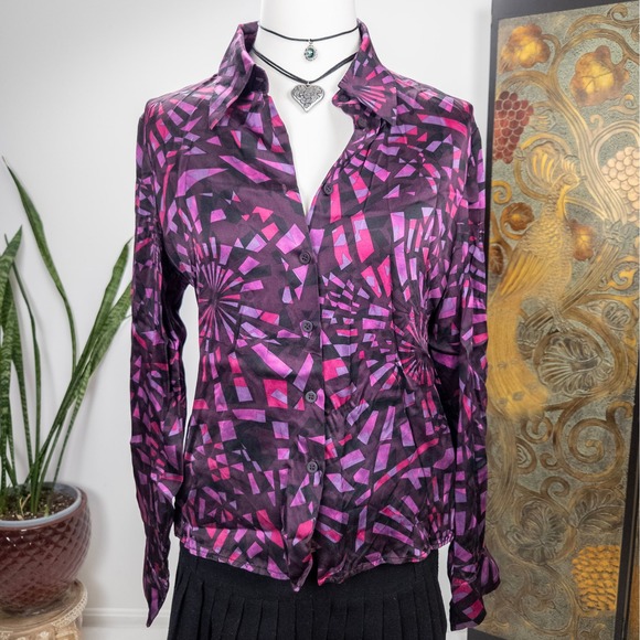Anne Klein Tops - Y2K Purple Abstract Silk Button Down Blouse Womens Anne Klein